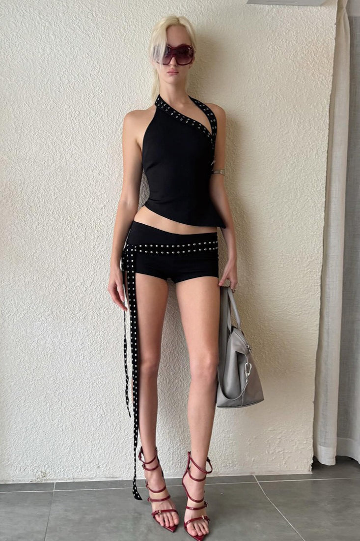 Asymmetric Shoulder Slim Shorts Two Piece Set