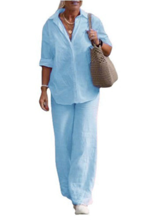 Color Long-sleeved Shirt and Elastic Waisted Loose Wide-leg Pants Set