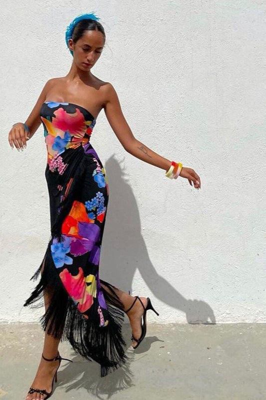 Print Strapless Vacation Maxi Dress