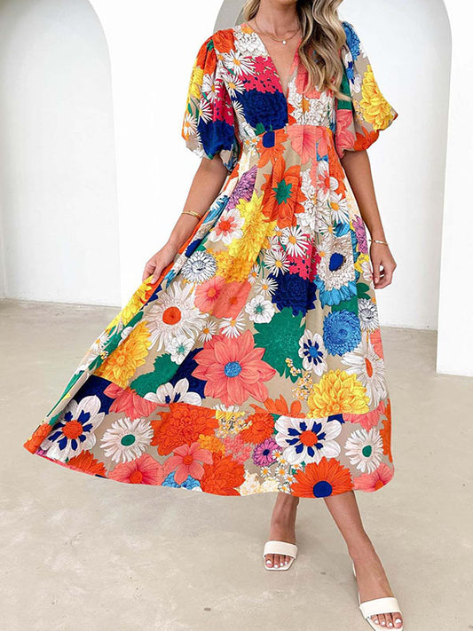 A-line High Waisted Flower Print Pleated Split-joint Zipper V-neck Maxi Dresses