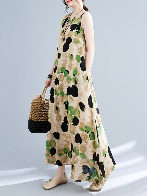 Loose Sleeveless Printed Split-joint Round-neck Maxi Dresses