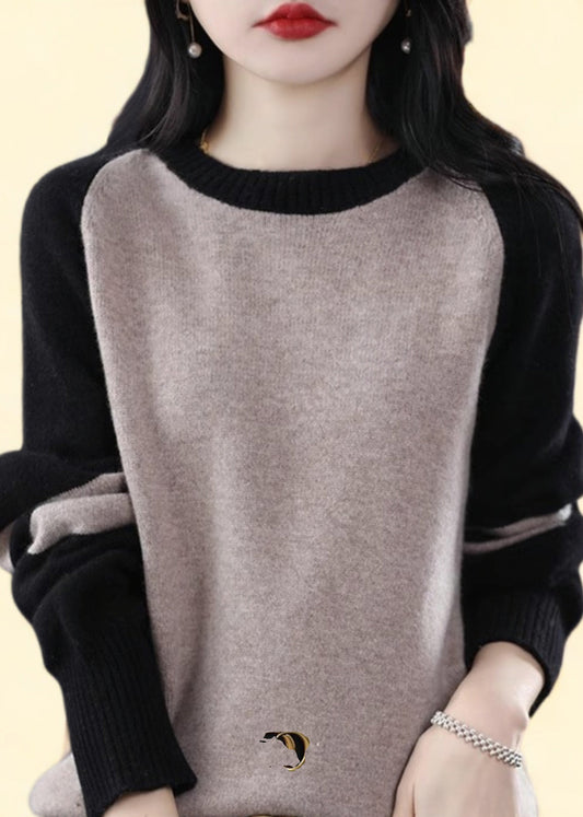 French Black Striped Patchwork Cashmere Knit Sweater Fall Qp025