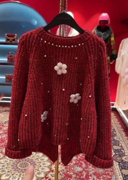 Stylish Red O-neck Nail Bead Thick Cotton Knit Sweater Tops Winter Wd037