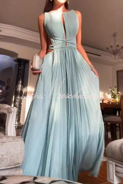 Sleeveless Open Back Cord Pleated Maxi Dress