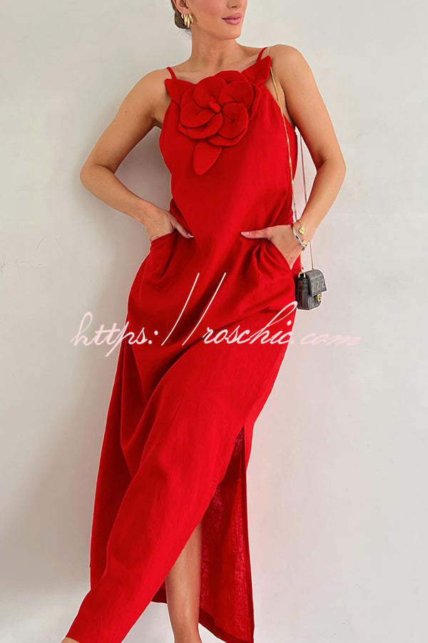 Vacay Ready Linen Blend Embellishment Pocketed Slit Maxi Dress
