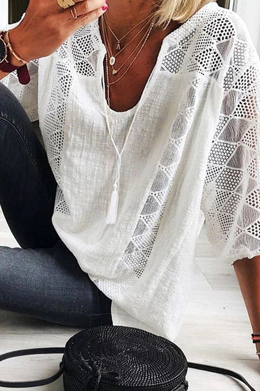 Cotton Linen Blend Patchwork Hollow Out Tassel Blouse