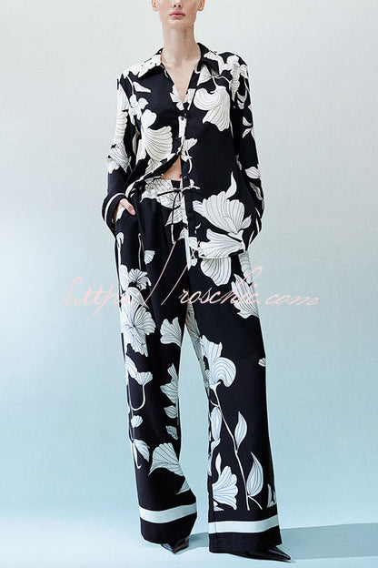 Unique Print Lapel Long Sleeve Loose Shirt and Elastic Waist Pocket Wide Leg Pants Set