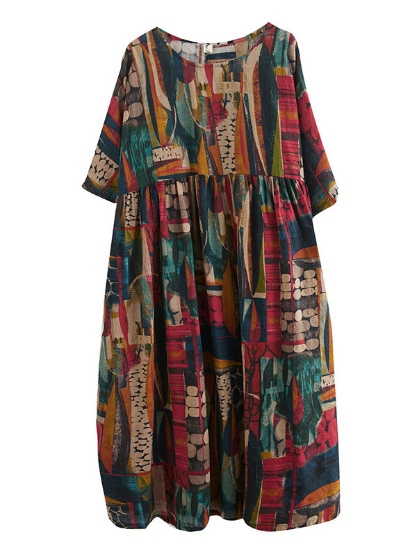 Loose Abstract Printed Pleated Round-neck Half Sleeves Midi Dress