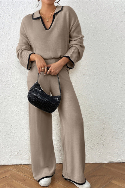 Lazy V-neck Knit Wide-leg Pants Two Piece Set