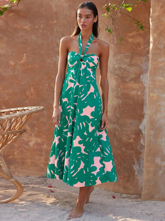 Loral Print Halter Maxi Dress-green