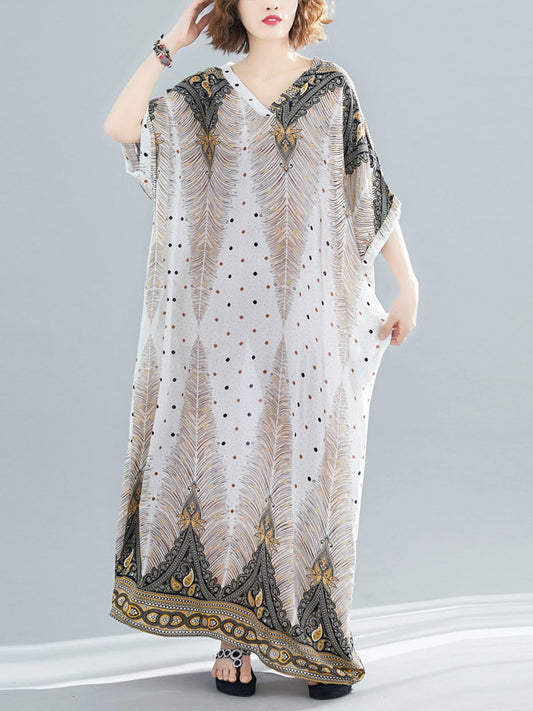 Printed V-neck Batwing Sleeve Maxi Dress