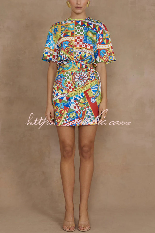 Unique Geometric Print Short Sleeve Off-waist Tie Mini Dress