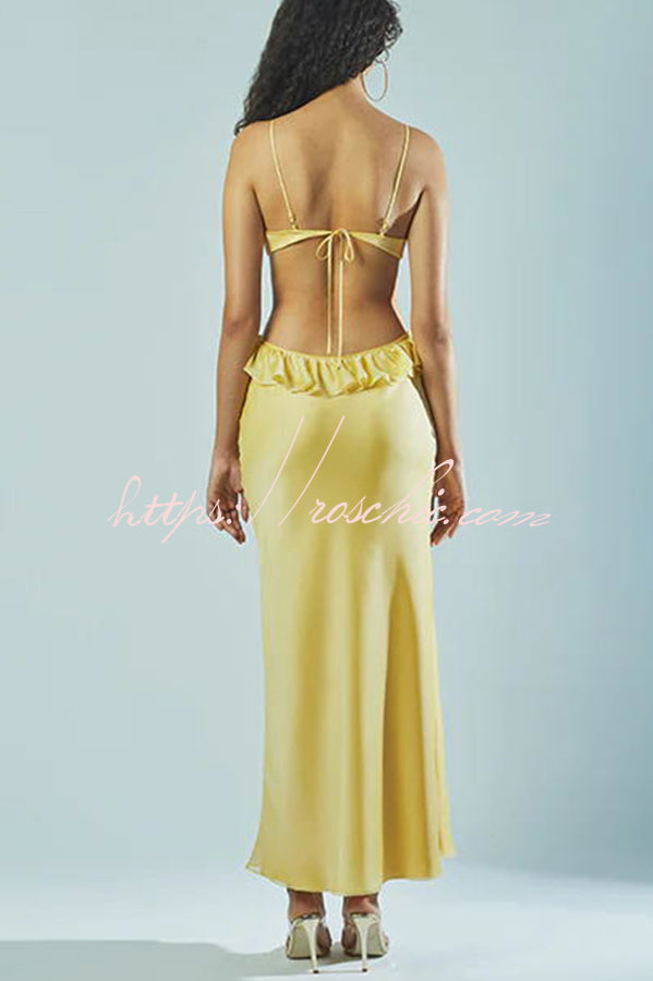 Date Night Satin Chiffon Ruffle Trim Removable Slip Maxi Dress