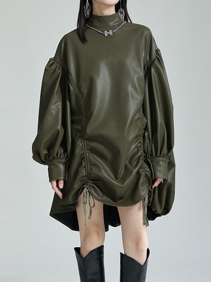 High-low Long Sleeves Drawstring Pleated Color Stand Collar Mini Dresses