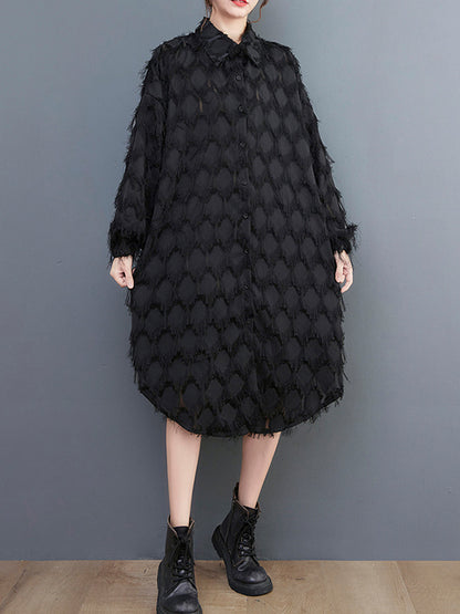 Stylish Long Sleeves Loose Tasseled Color High-neck Midi Dresses