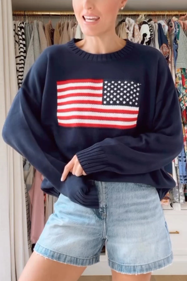 Flag Pattern Knitted Crewneck Long Sleeve Sweater