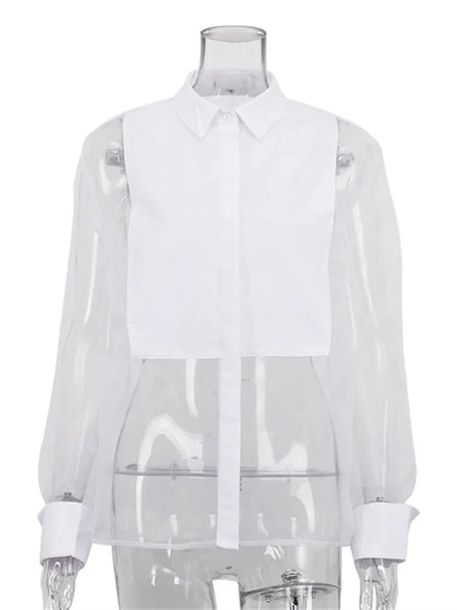 Mesh See-through Shirts Patchwork Sheer Lapel Crop Top Long Sleeve High Waist Female Blouse