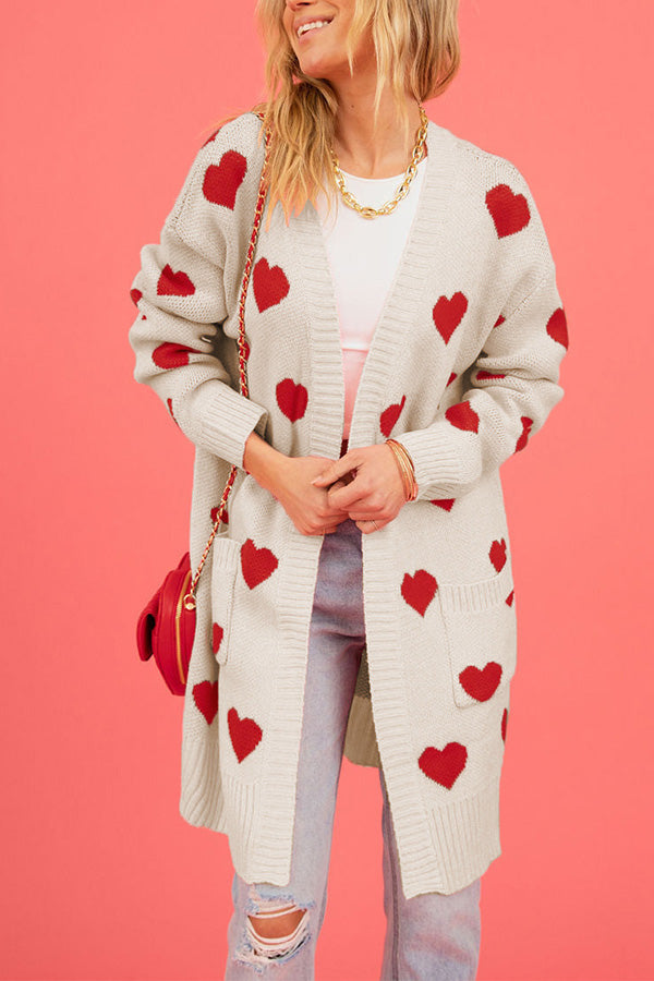 Love Knitted Cardigan Love Pocket V-neck Mid-length Knitted Cardigan