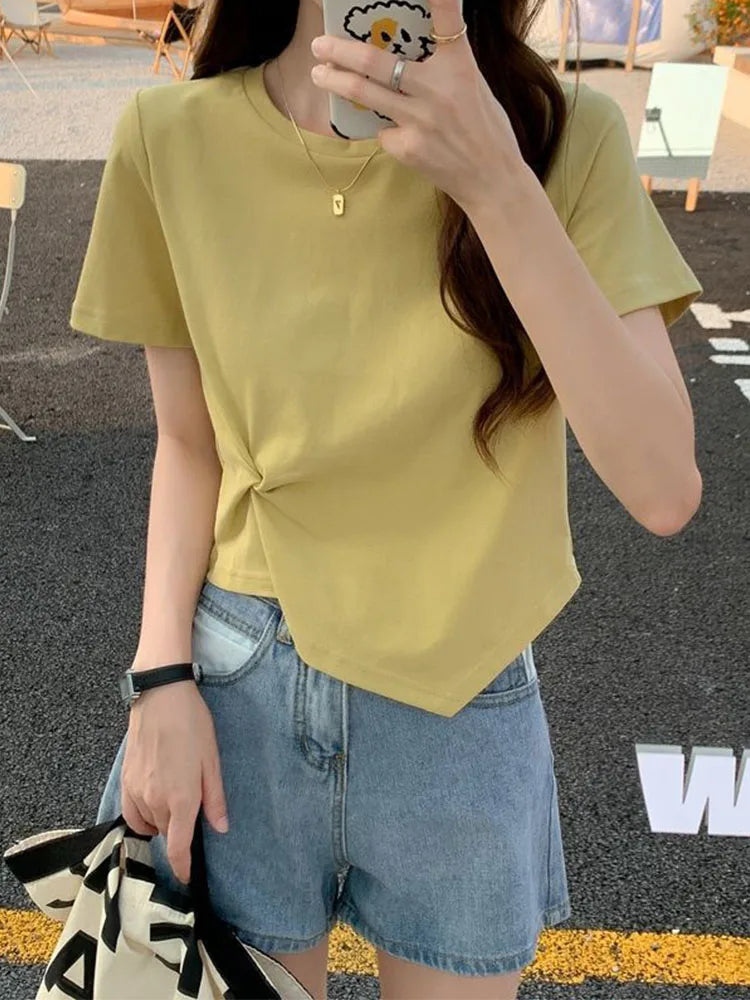Y2k Irregular T-shirt Summer Skinny T Shirt Femme Short Sleeve Korean Kpop Slim O-neck Tshirt Woman Clothes Top
