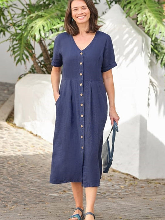 V Neck Linen Button-down Midi Dress With Pocket in Navy