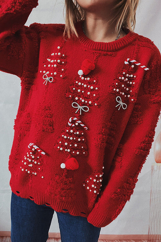 Handmade Pearl Christmas Theme Sweater Three-dimensional Decorative Sweater