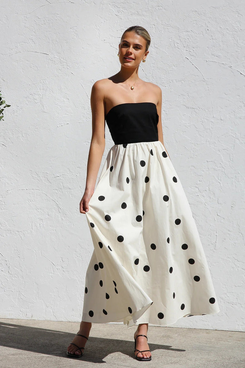 Polka Dot Print Strapless A-line Maxi Dress