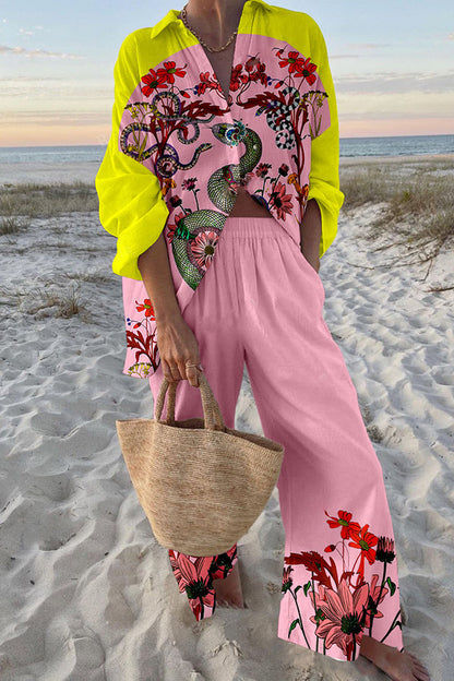 Python Print Oversized Shirt and Elastic Waist Pocket Pants Set