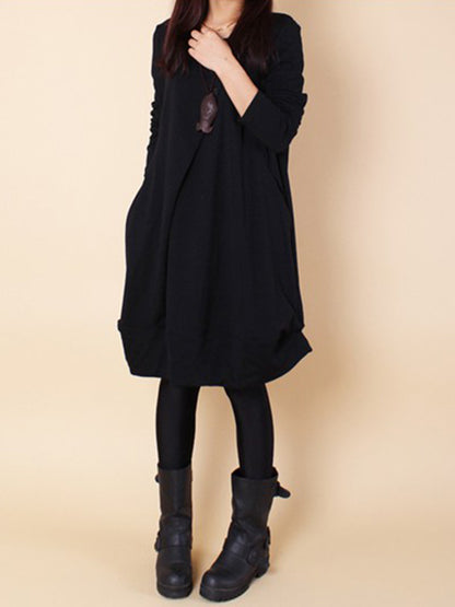 A-line Long Sleeves Pleated Color Round-neck Dresses Maxi Dresses
