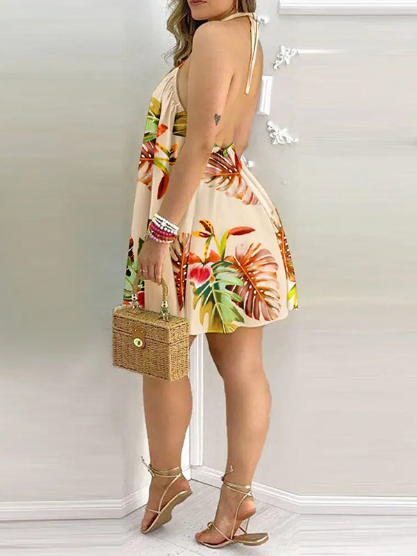 Loose Sleeveless Contrast Color Leaf Printed Halter-neck Mini Dresses