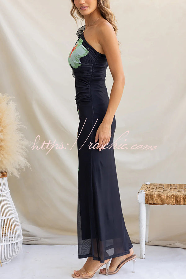 Print One-shoulder Fitted Mesh Maxi Dress