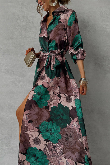 Print Lapel Waisted Lace-up Long-sleeve Maxi Dress