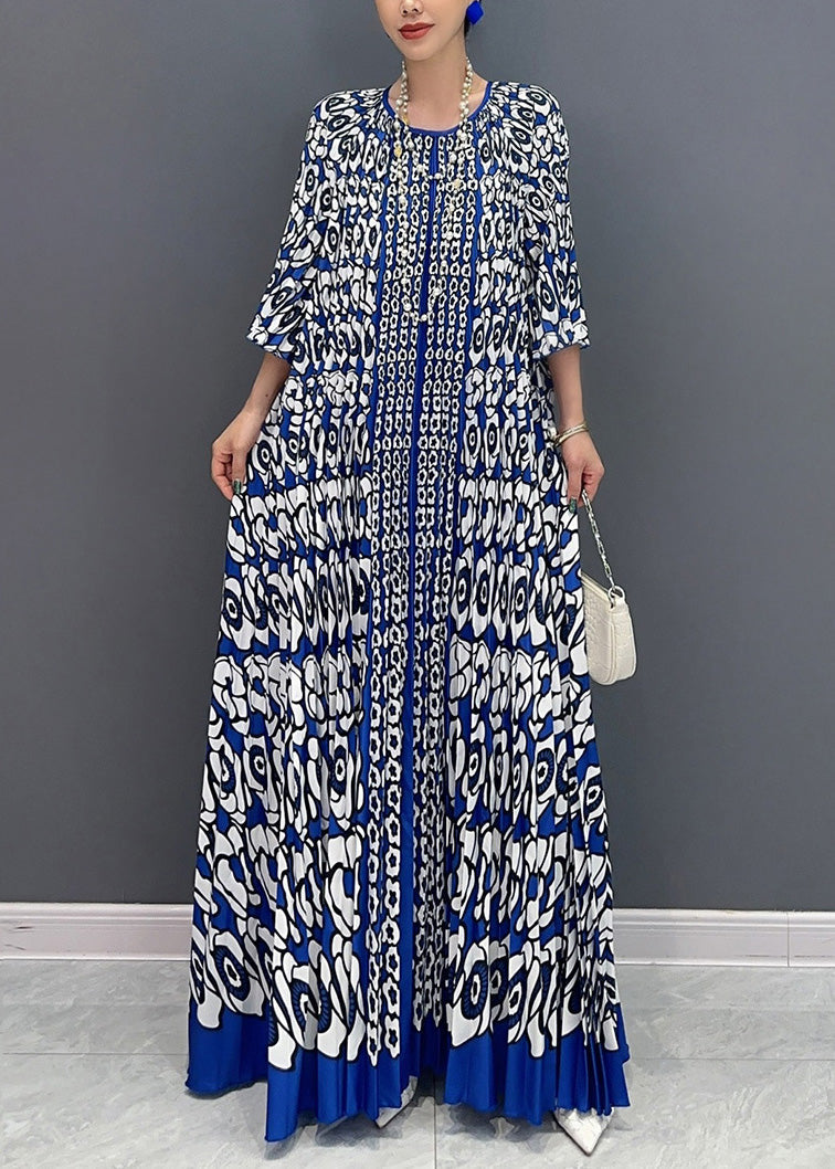 French Blue O Neck Print Wrinkled Long Dress Bracelet Sleeve Ao1004