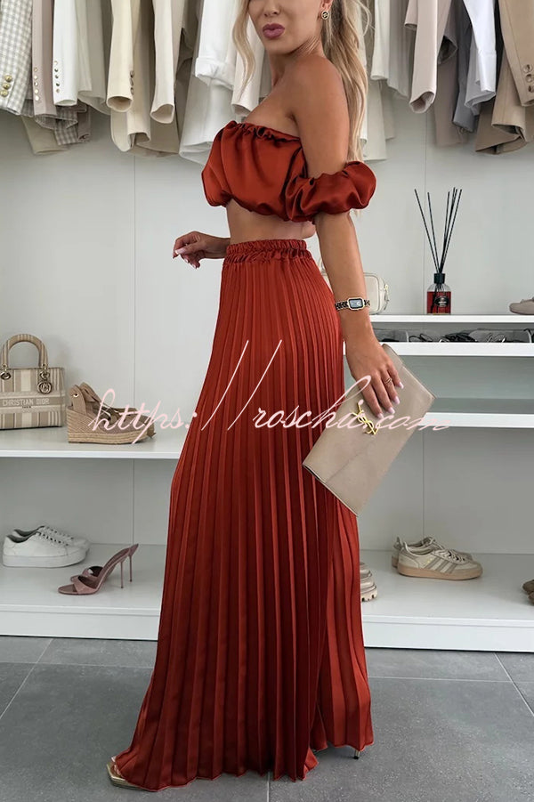 Jorie Satin Off Shoulder Puff Sleeve Crop Top and Elastic Waist Pleated Wide Leg Pants Set