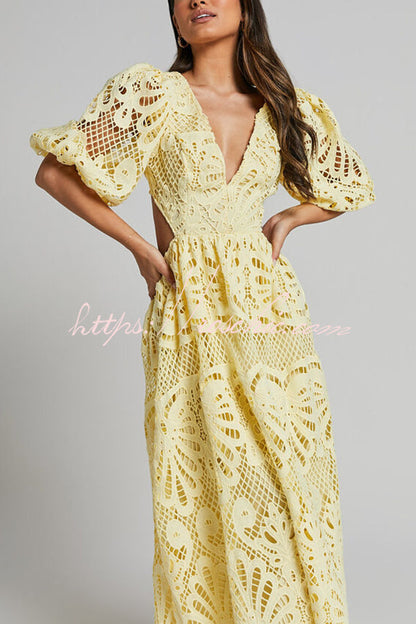 Color V Neck Hollow Lace Waistless Maxi Dress