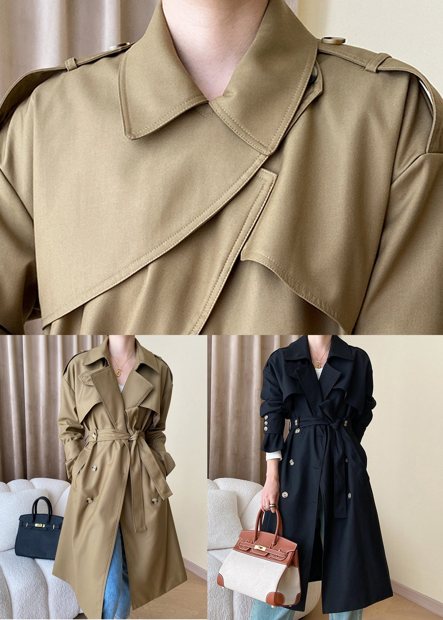 Black Button Cotton Long Trench Coat Peter Pan Collar Fall Af1034
