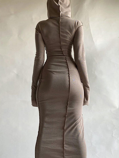 Long Sleeves Color Split-joint Hooded Maxi Dresses