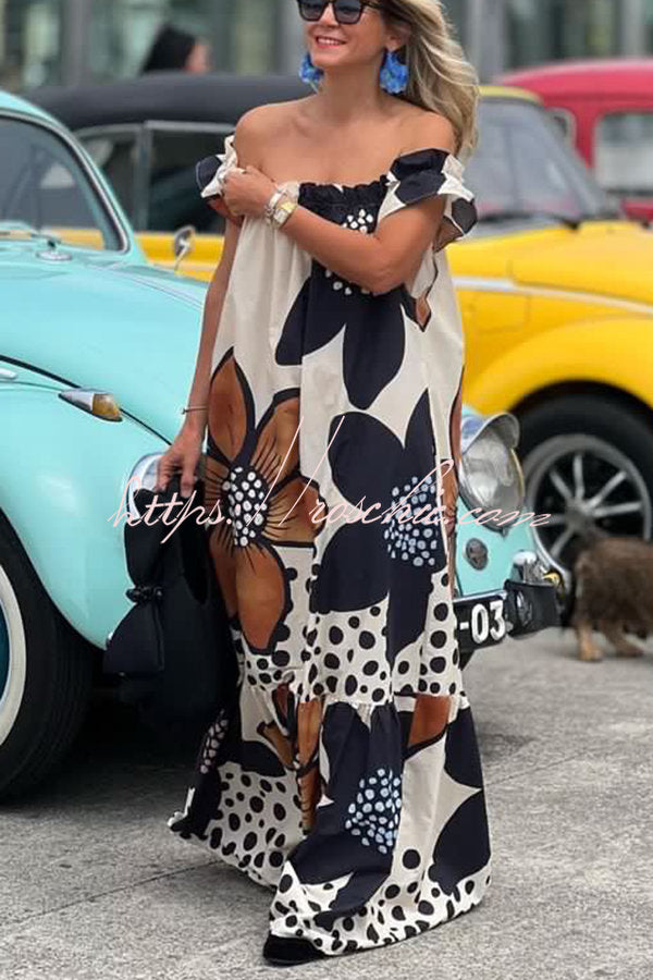 Bloom Season Linen Blend Printed Off Shoulder Pocketed A-line Maxi Dress