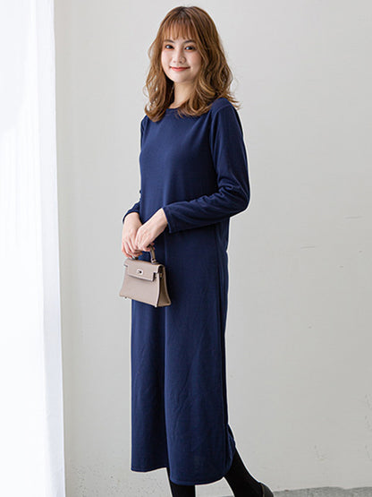 Simple Color Round-neck A-line Midi Dress