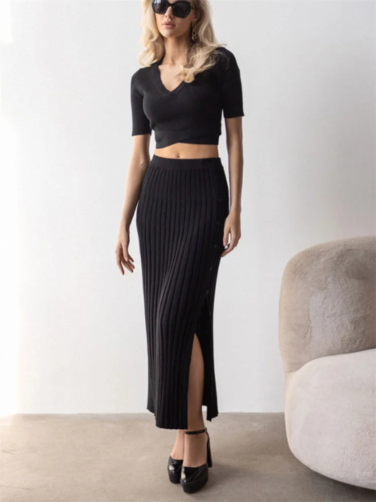 Knit Summer White Two Piece Holiday Party Maxi Skirt Outfits High Split Knitwear Female Sets Skirt