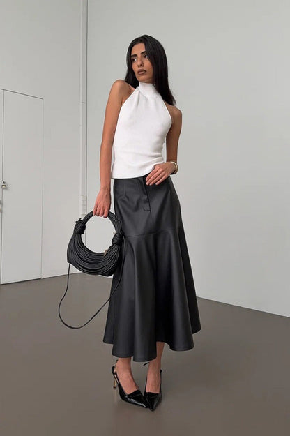 Black Pu Leather High-waisted Maxi Skirt