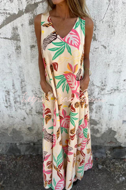 Botanical Print V-neck Pocket Loose Maxi Dress