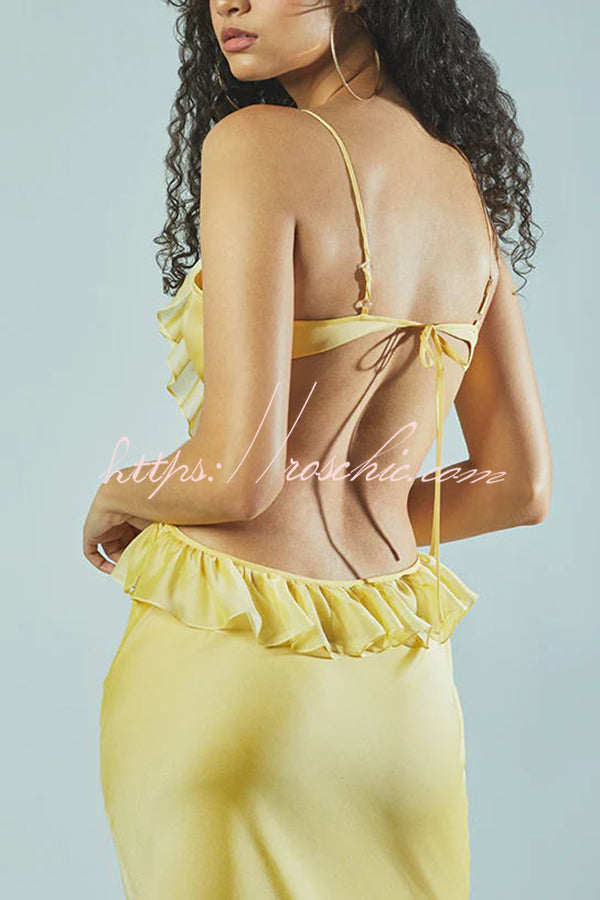 Date Night Satin Chiffon Ruffle Trim Removable Slip Maxi Dress