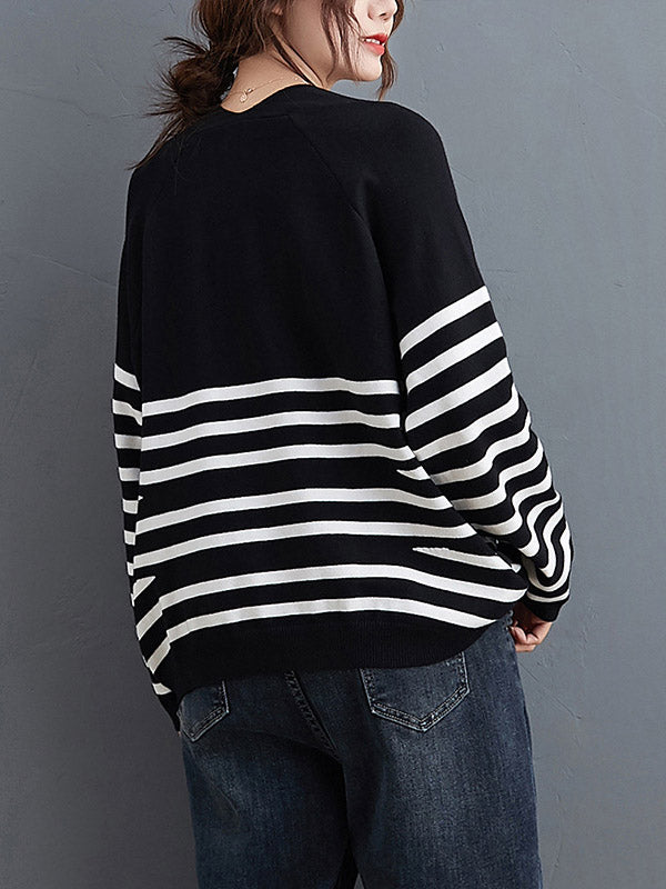 Loose Black V-neck Contrast Color Striped Long Sleeve Knit Sweater An1035