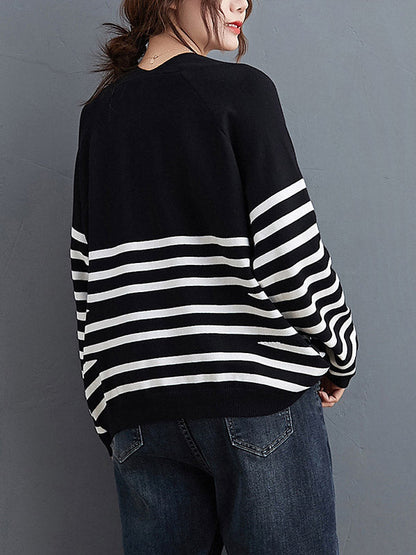 Loose Black V-neck Contrast Color Striped Long Sleeve Knit Sweater An1035