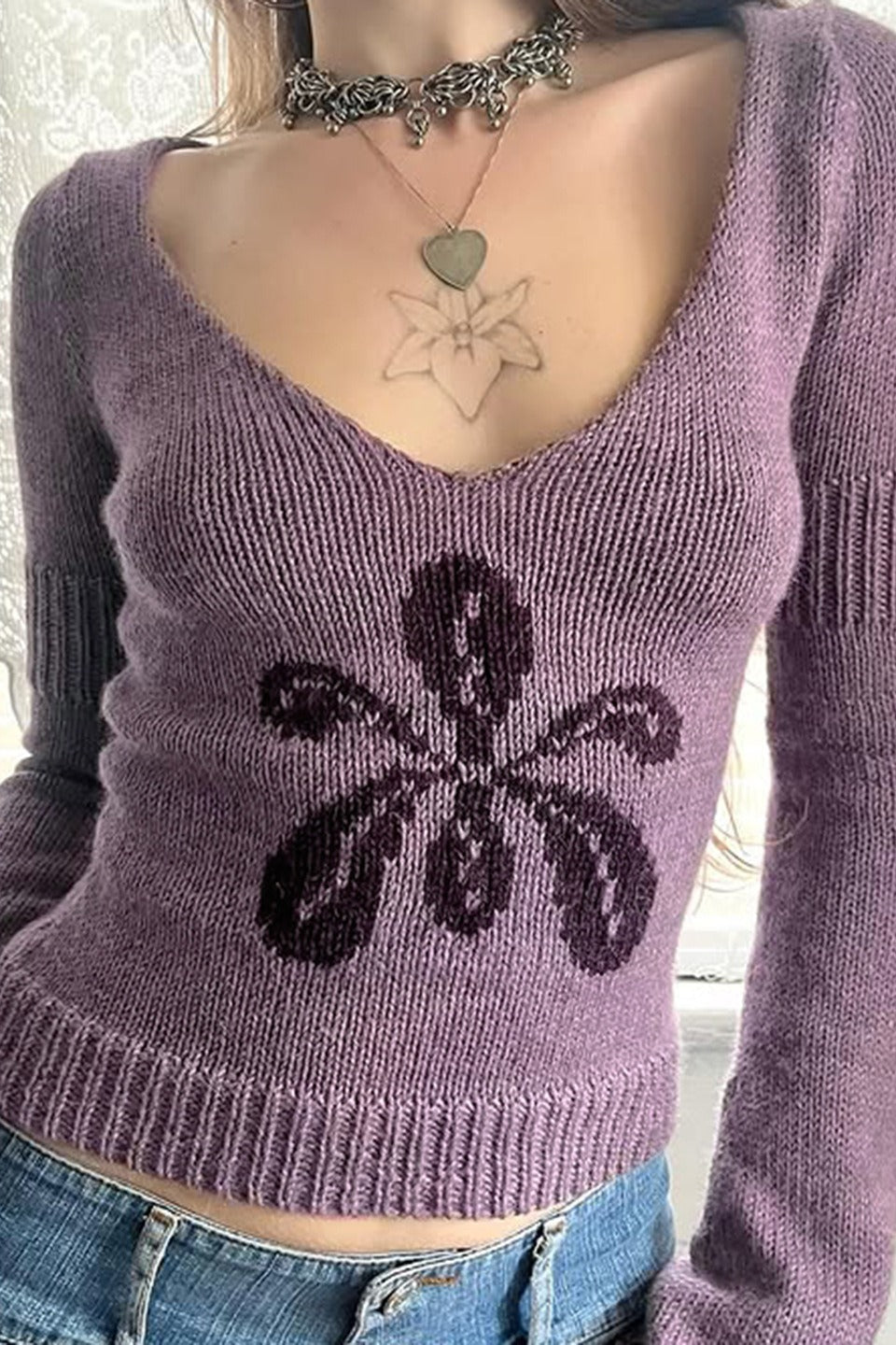V Neck Jacquard Sweater
