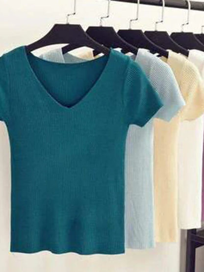 Tee Tops for V-neck Short Sleeve T-shirt Woman Slim Color T Shirts