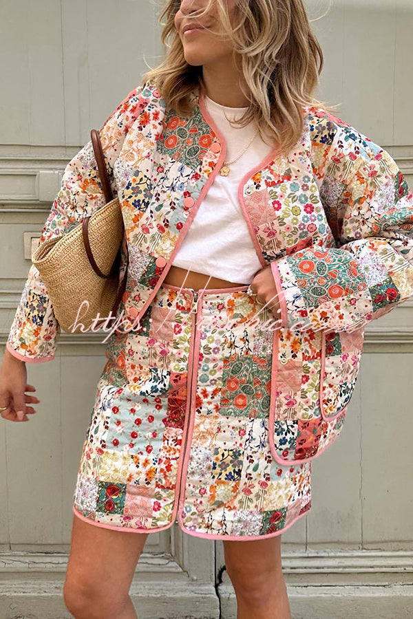 Patchwork Flower Print Front Zipper Pocketed Quilted Knit Mini Skirt