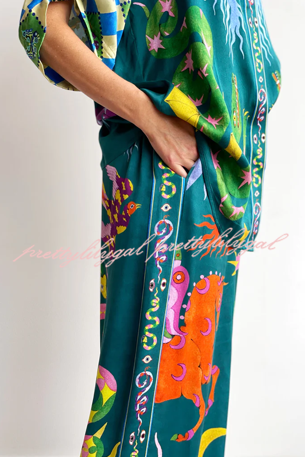 Beachy Linen Blend Unique Print Button Down Oversized Blouse