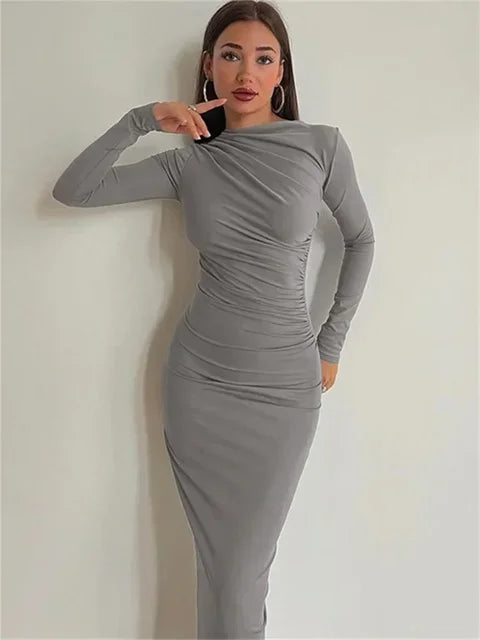 Pleated Long Sleeved Slim Maxi Dress – Off-shoulder Bodycon Gown
