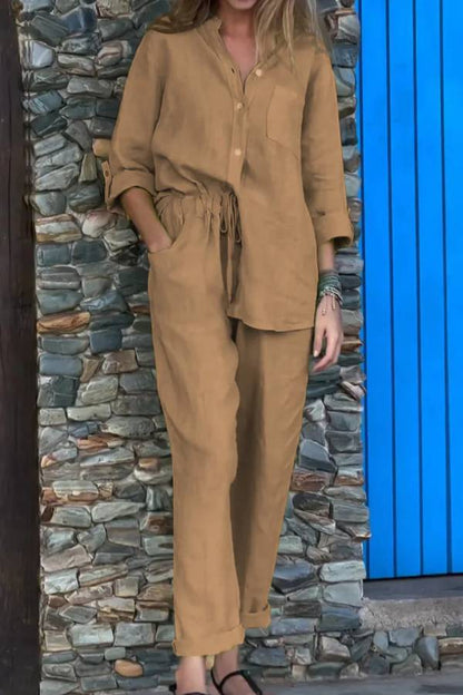 Color V-neck Shirt \u0026 Pants Cotton Linen Two-piece Set